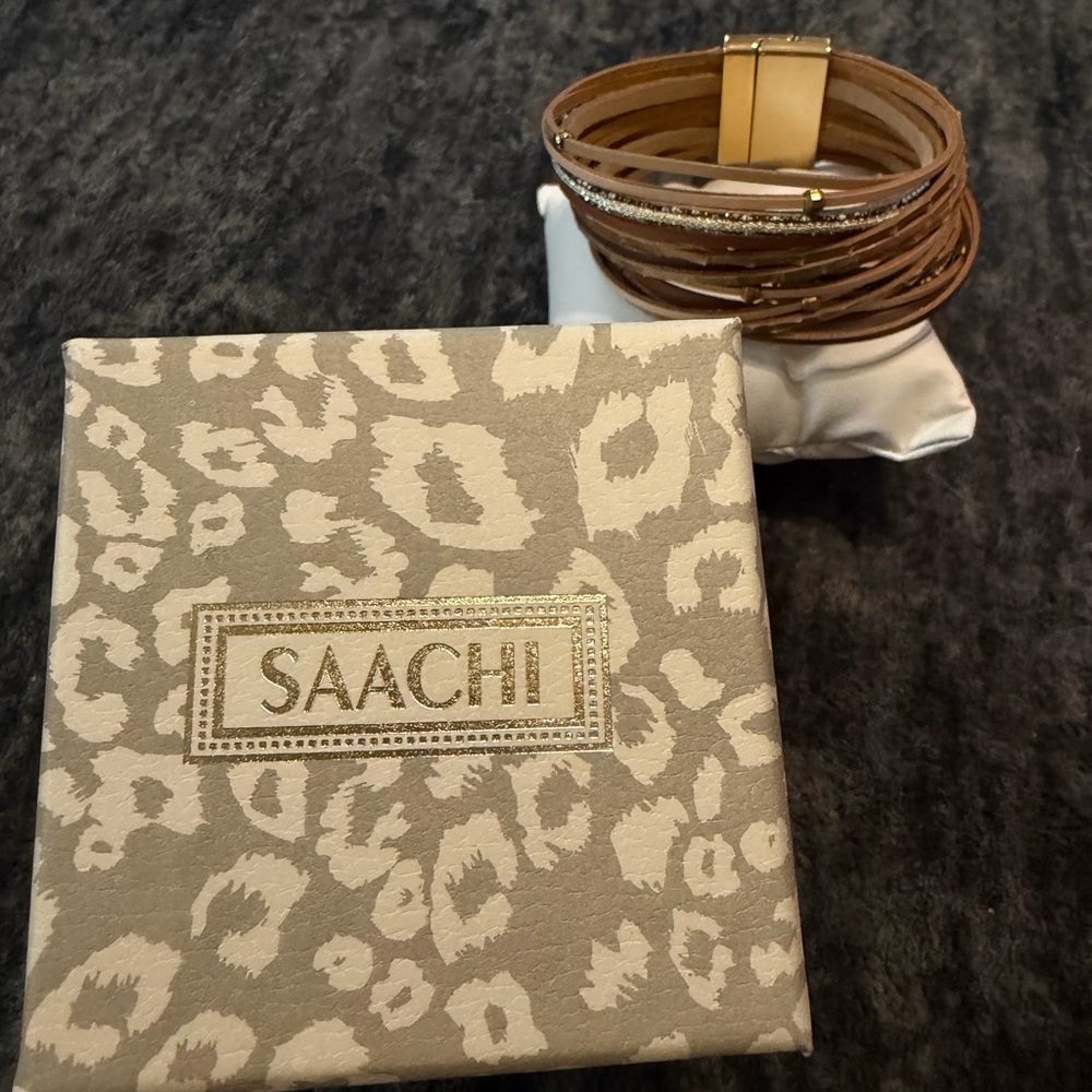 SAACHI Tan Multi-Strand Wrap Bracelet with Gold Accents